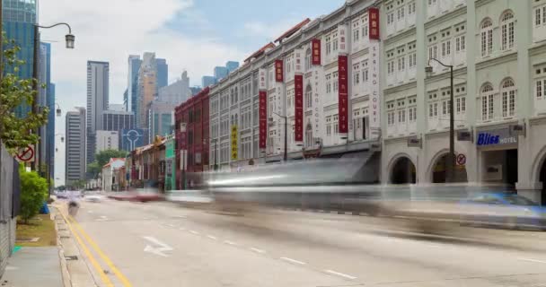 シンガポール 2019年10月23日 シンガポールのチャイナタウンエリア アッパー クロス セントでの車や車両の交通 移動時間の経過 — ストック動画