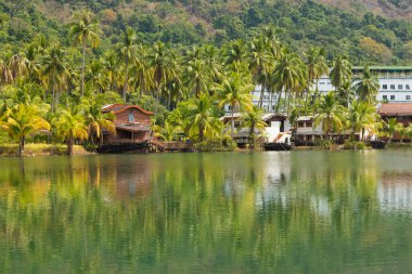 Koh Chang, Tayland - 14 Ocak 2020: Grand Lagoona, Koh Chang Adası, Tayland Körfezi, Trat Eyaleti, Güneydoğu Asya 'da terk edilmiş turist bungalovlarıyla bataklık ve palmiye ağacı manzarası.