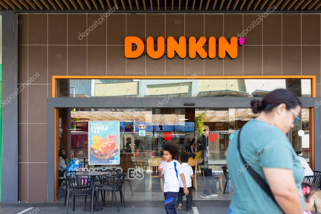 Zaragoza, Spain - 30 april, 2025: Dunkin location selling donuts, donuts, soft drinks and all kinds of sweet pastries, Puerto Venecia