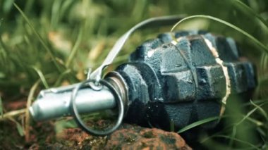 Çimenlerin üzerinde bir el bombası var. Sinsi bir anti-personel el bombası çimlerin arasına gizlenmiş. Yüksek kalite 4k görüntü