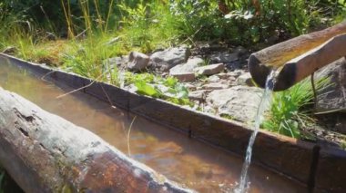 Temiz dağ suyu ahşap bir kanaldan aşağı akar. Dağ deresinin aktığı ahşap bir paraşüt. Yüksek kalite 4k görüntü