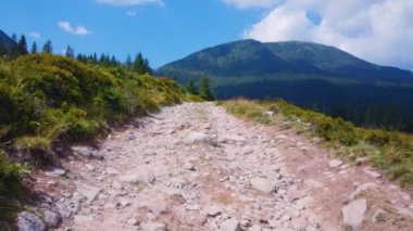 Gezgin bir dağ yolunda yürüyor ve görkemli dağların güzel manzarasının tadını çıkarıyor. Yüksek kalite 4k görüntü