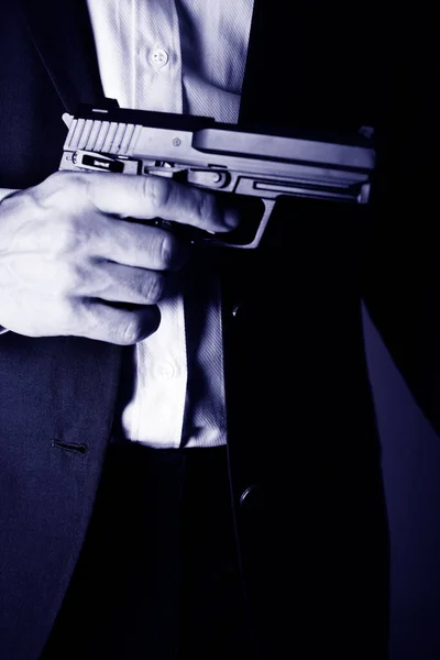 Agente Secreto Retro Com Pistola Revólver Arma Mão Filme Policial — Fotografia de Stock