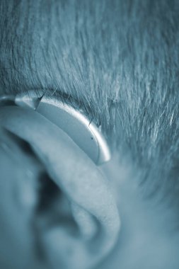 Modern dijital işitme cihazı orta yaşlı 50 'li yaşlarda bir adamın kulağında