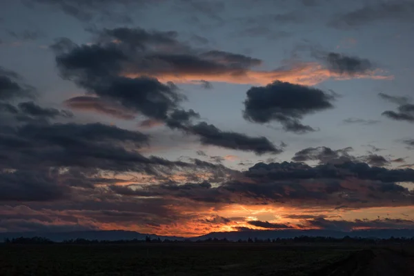 Пейзаж Обширного Зеленого Поля Темным Облачным Небом Над Закатом — стоковое фото