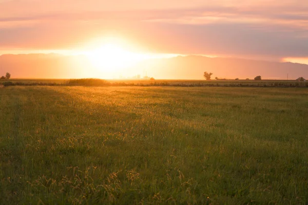 Sonnenuntergang Über Einer Scheune Und Landwirtschaftlichen Feldern — Stockfoto