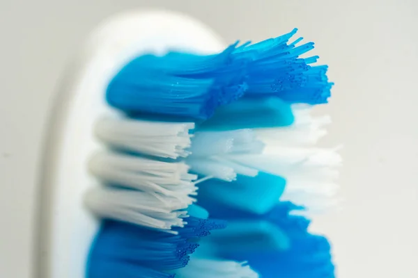 Escova Dentes Branca Azul Cerdas Perto — Fotografia de Stock