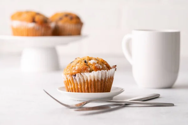 Blueberry Muffins White Table Place Setting — Stock Photo, Image