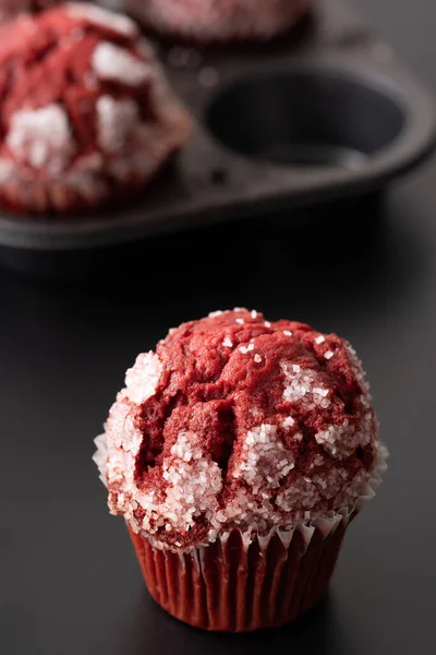 Muffin Terciopelo Rojo Cupcake Tema Negro —  Fotos de Stock