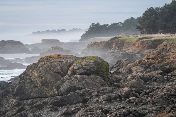 Βραχώδη Παράκτια Βράχια Άκρη Ομίχλη Στο Norhtern Καλιφόρνια — Φωτογραφία Αρχείου