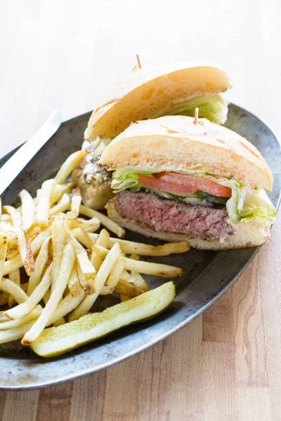 Close View French Fries Burger Cut Half Served Metal Plate — Stock Photo, Image