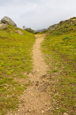 Bir tepenin üzerinden ufukta toprak yürüyüş patikası