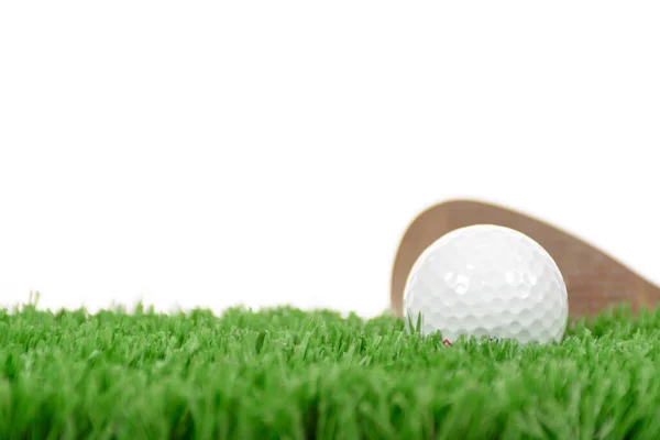 Golf Ball Sitting Tall Green Grass Rusty Bronze Colored Wedge — Stock Photo, Image