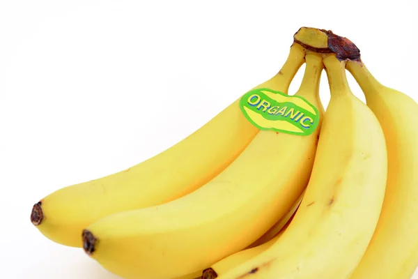 Monte Bananas Orgânicas Amarelas Com Adesivo Orgânico Verde — Fotografia de Stock