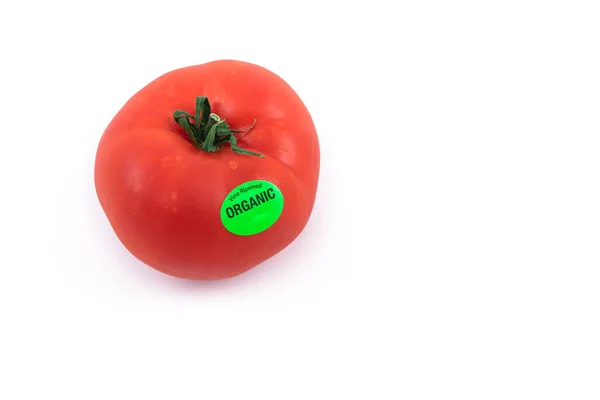 Bardzo Dojrzałe Czerwone Pomidory Sigle Zieloną Naklejką Organiczną — Zdjęcie stockowe