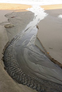 Yukarıdan kumlar arasında akan ve denize akan saydam nehir manzarası