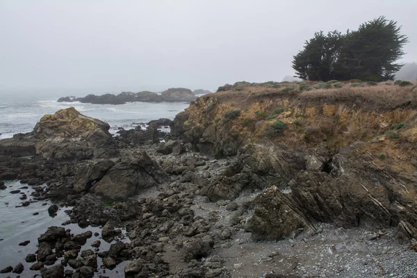Landscape Shoreline Dry Rocks Cliff Background Misty Seascape Thick Fog — Stock Photo, Image