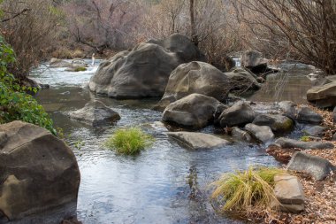 Büyük kaya çıkıntılarının arasından akan bir dağ deresi.