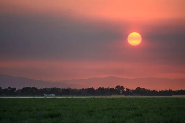 Ландшафт Красного Закатного Неба Золотым Солнцем Над Сельской Зеленью — стоковое фото