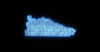 Işıldayan mavi neon çizgili spor ayakkabısı spor ayakkabısı pikseli, siyah arka planda izole edilmiş bir ikon çalışıyor. Spor ayakkabılar. Şifreli Serseri Dijital Sneaker. Döngülü canlandırma