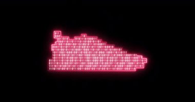Parlak pembe neon çizgili spor ayakkabısı pikselli spor ayakkabısı, siyah arka planda izole edilmiş bir ikon çalışıyor. Şifreli Serseri Dijital Sneaker. Spor ayakkabılar. Döngülü canlandırma