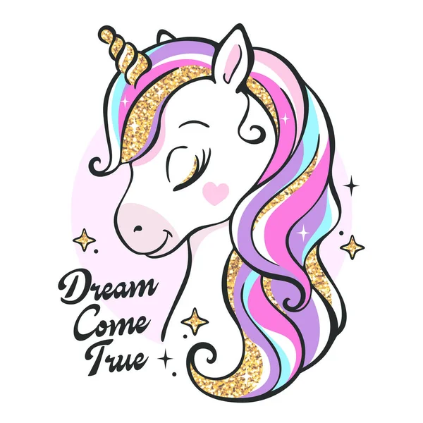Vector illustration. Art. Beautiful. Cartoon little unicorn on a white background. Sequins. Print for clothes and t-shirts.