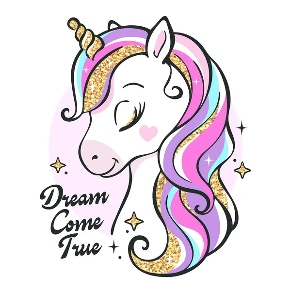 Vector illustration. Art. Beautiful. Cartoon little unicorn on a white background. Sequins. Print for clothes and t-shirts.