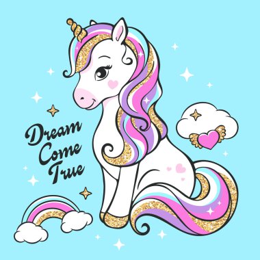 Glitter unicorn. Art fashion illustration drawing in modern style for clothes. Art. Illustration Sequins. Print for clothes and t-shirts. Vector illustration. T-shirt design. Vector print. Dream come true text clipart