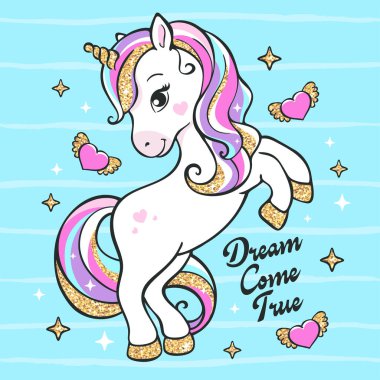 Parlayan tek boynuzlu at. Kıyafetler için modern tarzda sanat tasviri. - Sanat. İllüstrasyon sekansları. Giysiler ve tişörtler için baskı. Vektör çizimi. Vektör baskısı.