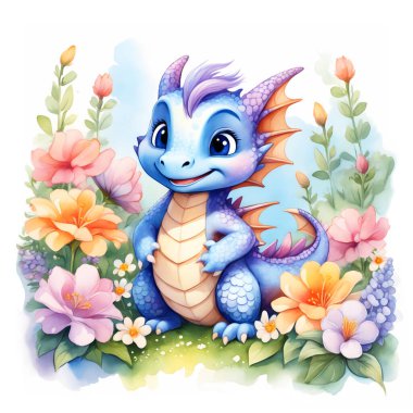 - Sanat. Çiçekli bir çimenlikteki şirin bir ejderhanın suluboya çizimi. Elbise baskısı. Moda çizimi