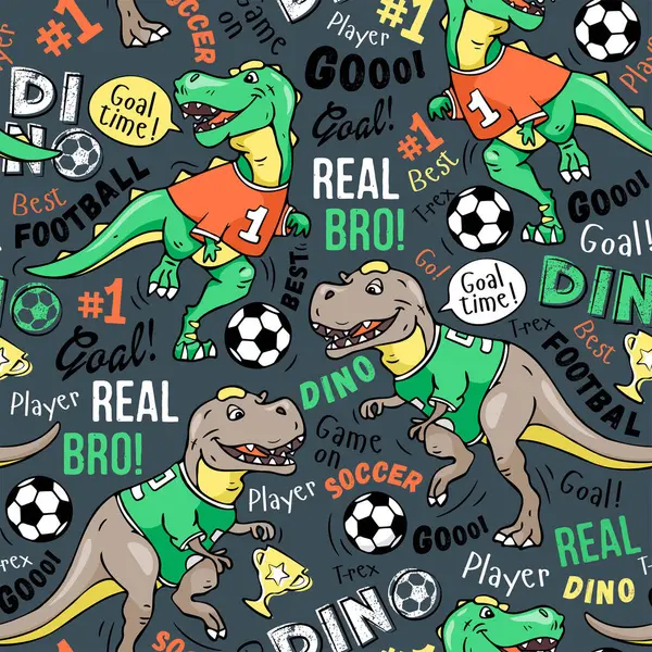 - Sanat. Futbol deseni. Şirin dinozor futbol oynuyor. Gri arkaplanda iz var. Çocuklar için tasarım. Parmak izleri, çocuk odasının kapanması, kumaşlar. Vektör çizimi. T-rex dinozoru