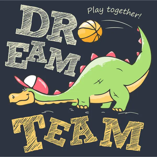 Resim çizimi. Dinozor basketbolcu topla oynarken çok havalıydı. Hayran tişörtü tasarımı. Vektör izi. Dinozor karakter tasarımı. Kıyafetler için moda illüstrasyonu