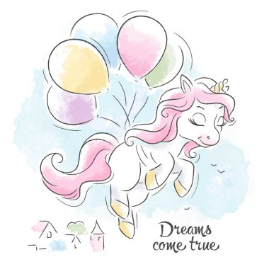 - Sanat. Balonlarla uçan güzel tek boynuzlu at çizgi filmi. Şirin tek boynuzlu at. Modern stilde moda çizimi. 