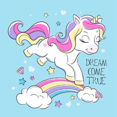 Şirin tek boynuzlu at. Giysi ve kumaş için hayvan baskısı. Çizgi film karakteri. mavi