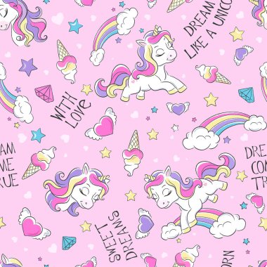 Elbise ve kumaş baskısı. Modaya uygun, dikişsiz desenli şirin tek boynuzlu at. Çizgi film karakteri. Gökkuşağı.