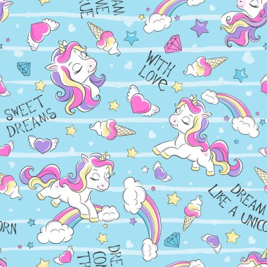 Elbise ve kumaş baskısı. Modaya uygun, dikişsiz desenli şirin tek boynuzlu at. Çizgi film karakteri. Gökkuşağı. mavi