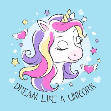 Şirin tek boynuzlu at. Küçük hayalperest. İllüstrasyon mutlu tek boynuzlu at. Moda sevimli tek boynuzlu at. Çizgi film karakteri. Kıyafet ve kumaş baskısı. Tek boynuzlu at gibi hayal et..