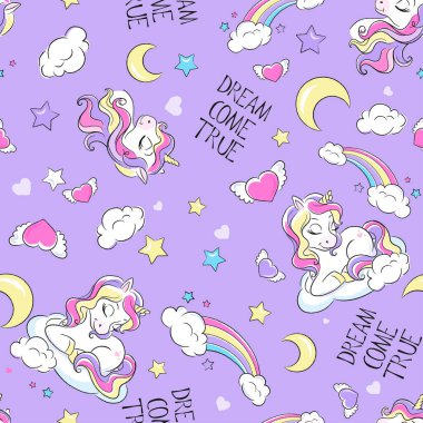 Tatlı tek boynuzlu at tatlı tatlı uyuyor. Giysiler ve kumaşlar için modern moda illüstrasyonları.