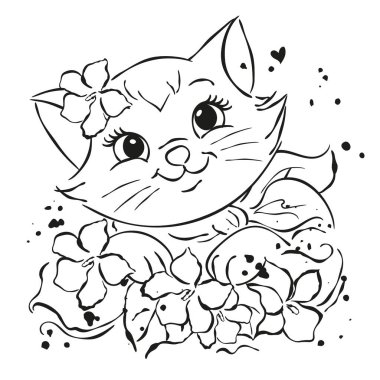 - Sanat. Çiçekli şirin kedi yavrusu. Siyah beyaz kedi yavrusu çizimi. Kedi ve çiçek desenli tasvirler giysi için modern tarzda çiziliyor. Mürekkep biçimi.