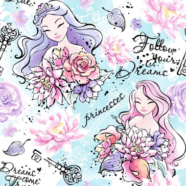 Güzel prenses deseni. Giysiler ve kumaşlar için moda mürekkep ve suluboya desenleri.