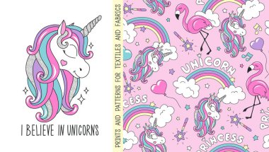 Seamless glitter unicorn pattern for t-shirts and fabric. Fashionable. Cartoon vector. clipart