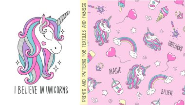 Fashionable seamless glitter unicorn pattern for t-shirts and fabric. Cartoon vector. clipart