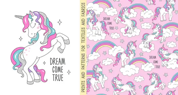 Çizgi film vektörü. Tişört ve kumaş için kusursuz simsiz tek boynuzlu at deseni. Modaya uygun.. 