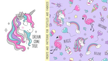 Parıldayan tek boynuzlu at vektörü kusursuz desen. Kart, poster, baskı, çocuklar için tişört tasarımı çocuk kitapları, baskılar, duvar kağıtları. Hayvan deseni. Tatlı çocuk geçmişi. Modaya uygun. Çizgi film.