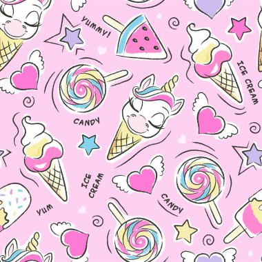 Güzel pembe dikişsiz tek boynuzlu at deseni. Güzel dondurma deseni. Kıyafetler için modern tarzda moda çizimi. Sanat
