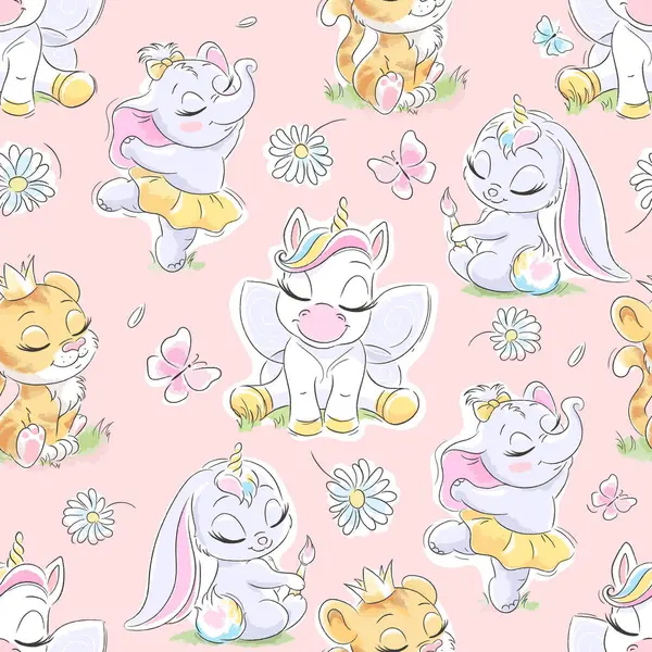 Çizgi film. Çocukların tekstil ürünleri için sevimli, kusursuz desenli hayvanlar. Giysilerin ve kumaşın üzerinde parmak izi var. Modaya uygun, kusursuz desen.. 