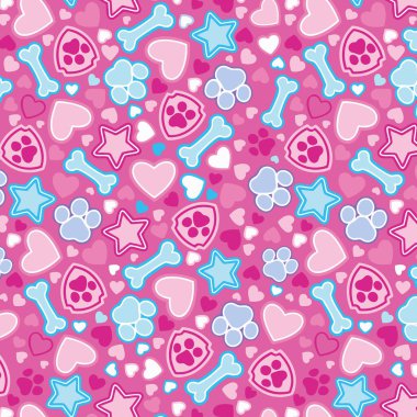 Sevimli, pürüzsüz pati. Kalpler. Kemik. Pembe desen. Hayvan deseni. Çizgi film. 2d