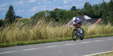 Genly, Belçika - 25 Temmuz 2023: Tour de Wallonie, sahne 4, duruşma zamanı, Clment Venturini
