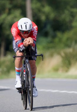 Genly, Belçika - 25 Temmuz 2023: Tour de Wallonie, sahne 4, duruşma zamanı, Sbastien Grignard
