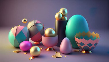 Etkileyici bir 3 boyutlu Paskalya yumurtası dizilimi keşfedin, dinamik ve soyut bir arkaplan oluşturun. Pastel renk paleti, sıvılaştırılmış fraktallar, yumuşak ışıklandırma, yansıtıcı yüzeyler ve ince dokular..